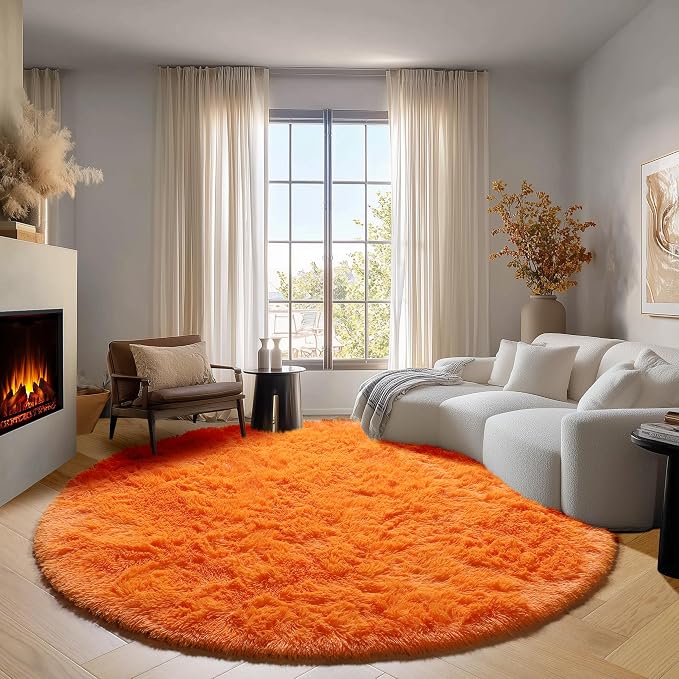 Orange Round Rugs 5ft for Bedroom Living Room, Fluffy Circle Area Rug for Kids - Image 4