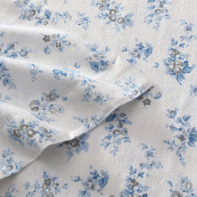 Laura Ashley - Flannel Sheets King Size, Anti-Pilling & Wrinkle Resistant Cotton, Touchably Soft for All-Season Comfort - Bed Sheets with Matching Pillowcases & Fitted Sheet (Audrey Blue)