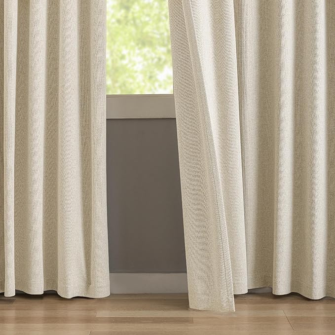 KangBang 95 Inch Beige Blackout Curtains Pinch Pleated Drapes for Living Room, Energy Efficient Linen Textured Window Panels for Bedroom Dorm, Soft & Vertical Home Decor, Natural Beige,52x95
