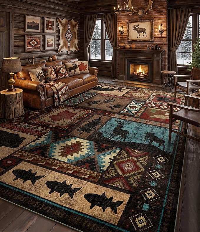 Rustic Cabin Rugs for Living Room 9x12, Wildlife Bear & Deer Area Rug, Washable - Image 4