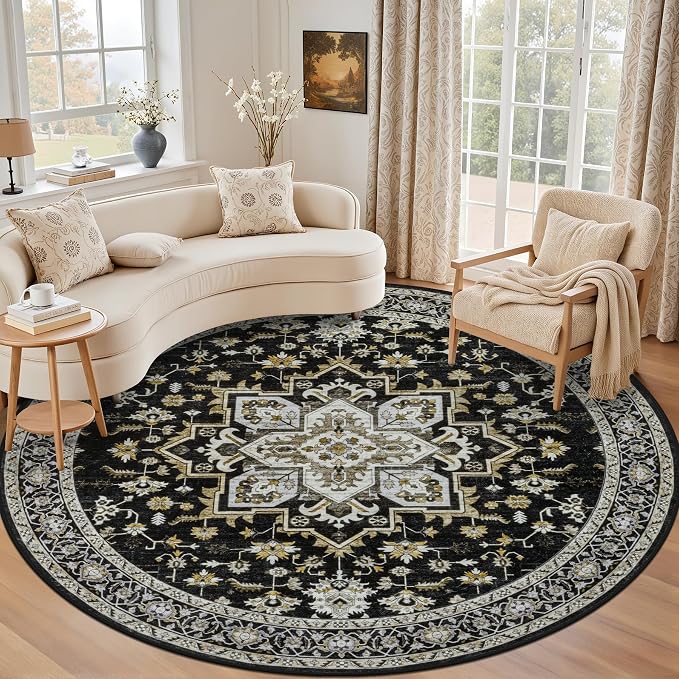 Round Area Rug for Living Room: 4ft Boho Washable Rug Black Gold | Vintage Boho by EXPEDIX