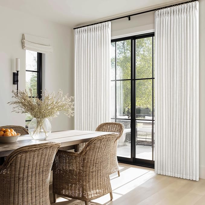 Pinch Pleated 132 Inch Beige White Semi Sheer Linen Curtains 11 Ft 2 Panels | - Image 8