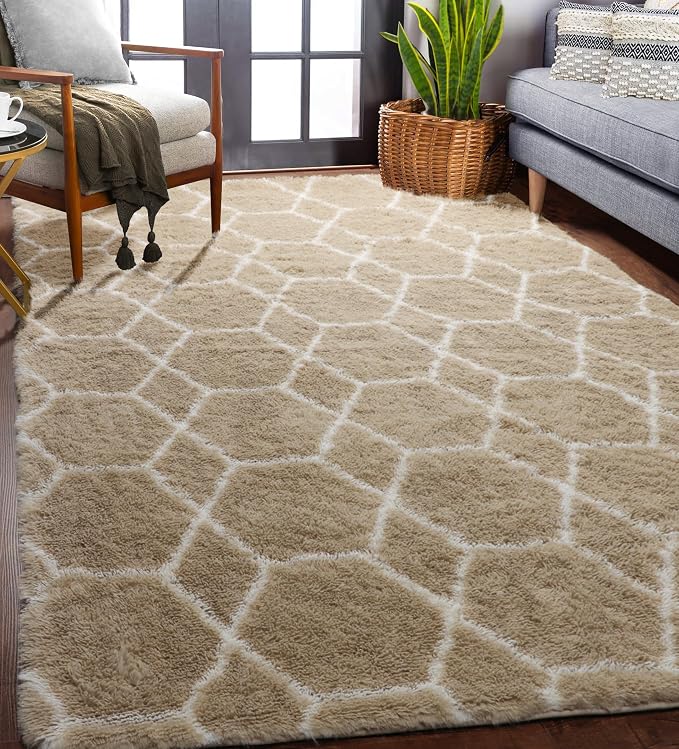 Area Rugs for Bedroom Living Room, 4x6 Fluffy Beige and White Geometric Rug | - Image 7