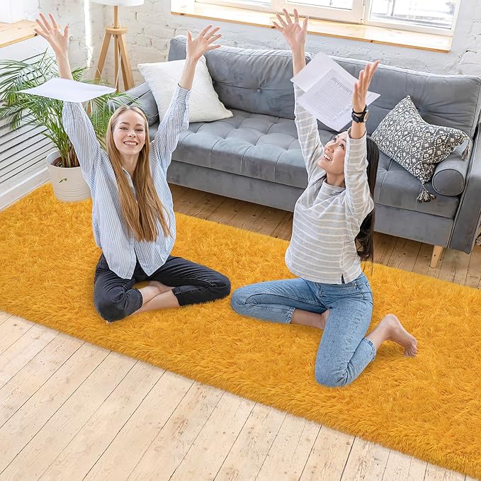 2x10 Bedside Area Rugs for Bedroom Soft Fluffy Shag Beige Yellow Rug for - Image 2