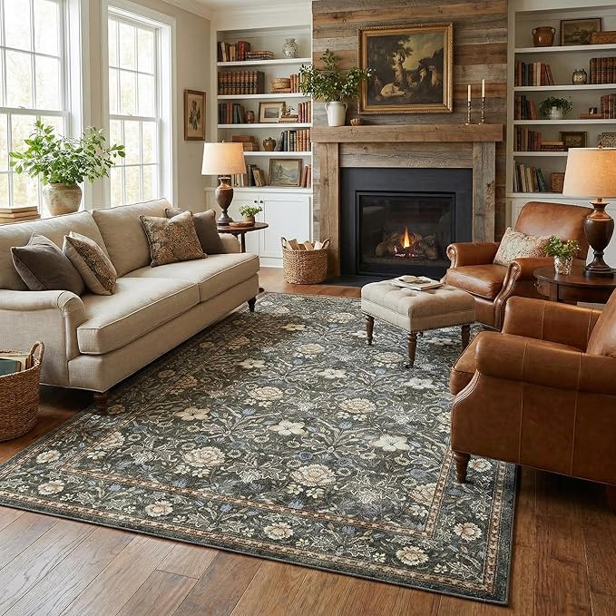 GarveeHome Washable Area Rug 5x7, Retro Floral Low Pile Non Slip Living Room by GarveeHome