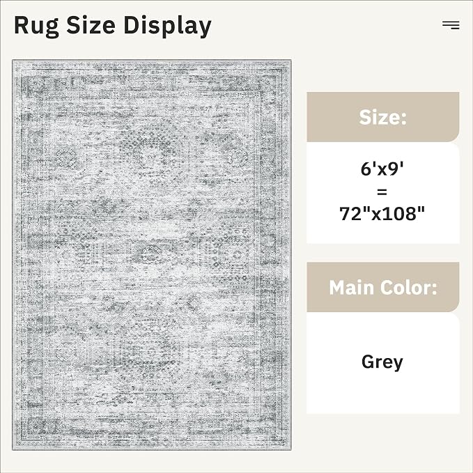 Soalmost 6x9 Area Rug for Living Room Washable Rugs Non-Slip Grey | Low-Pile - Image 4