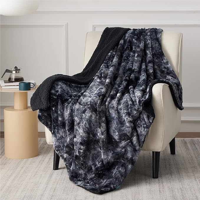 Bedsure GentleSoft Sherpa Fluffy Throw Blanket - Fleece Warm and Cozy Throw for Women Gift, Plush & Fuzzy Faux Fur Christmas Blanket for Couch, Sofa, Bed Decor, Tie Dye Design, Black, 50x60 Inches