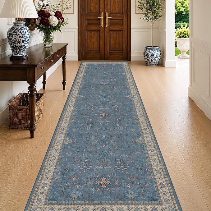 Washable 10ft Long Hallway Runner Rug Blue by HazoHaus