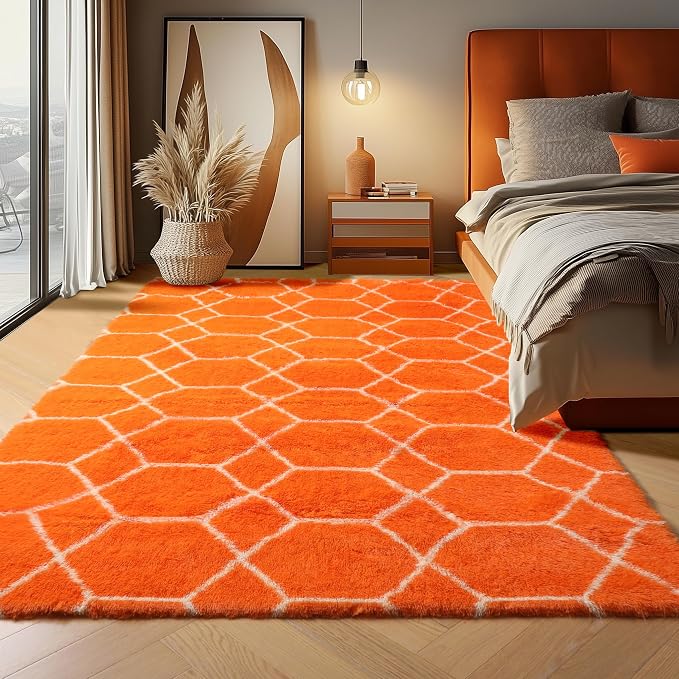 Area Rugs for Bedroom Living Room, 4x6 Fluffy Orange and White Modern Rug | by ONASAR