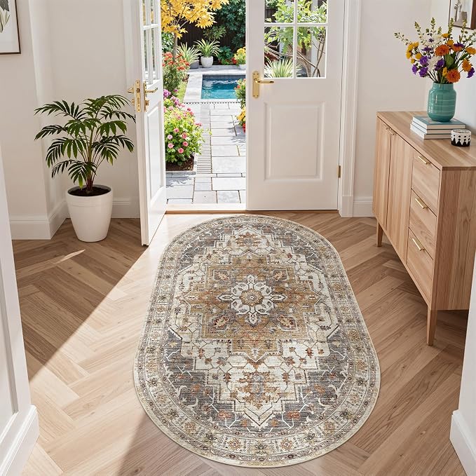 Madane Washable Oval Rug 3x5 for Entryway Small Area Rugs, Turmeric/Grey | - Image 2