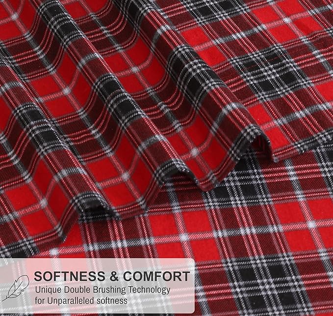 RUVANTI Flannel Sheets Queen Size - 100% Cotton Double Brushed Bed Sheets, Deep Pockets 16 Inches Queen Sheet Set, All Seasons Breathable & Extra Soft - Warm & Cozy, 4 Piece, Red Plaid
