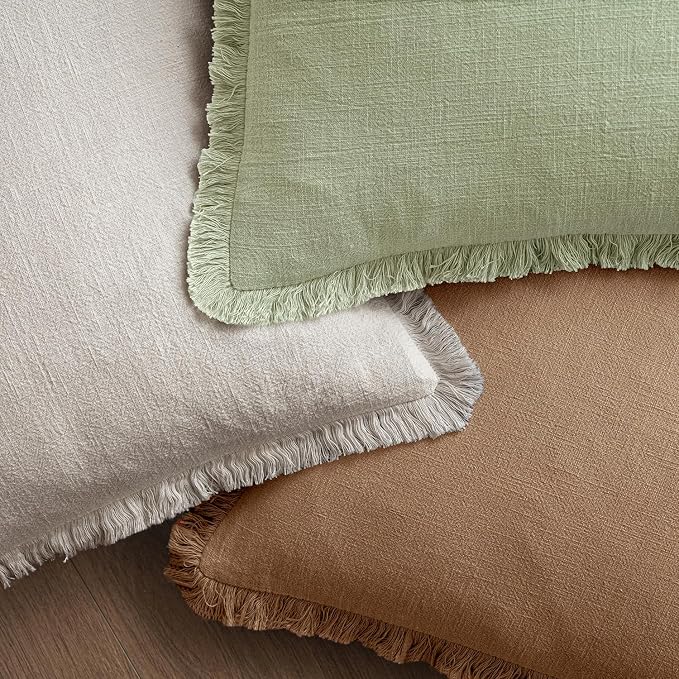 MIULEE Linen Fringe Decorative Euro Throw Pillow Covers Sage Green 26x26 | Set - Image 4