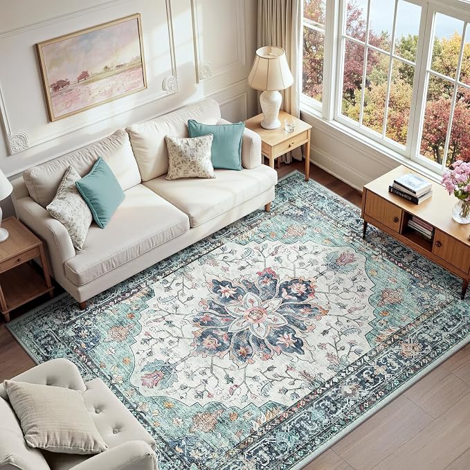 RELEANY Washable Area Rug, Teal Green/White/Navy | Non-Slip, Water Repellent by RELEANY