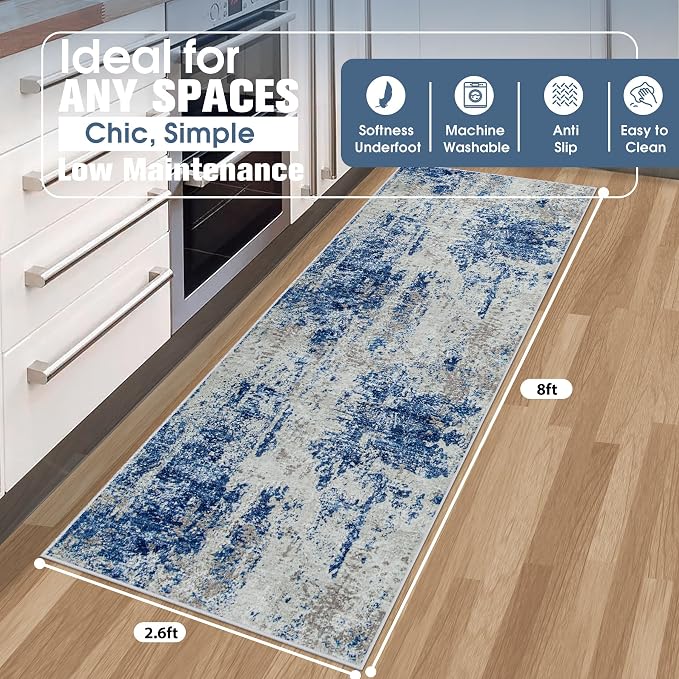 Runner Rugs for Hallways Kitchen 2.6x8 Non Slip Washable Blue Grey White | - Image 2