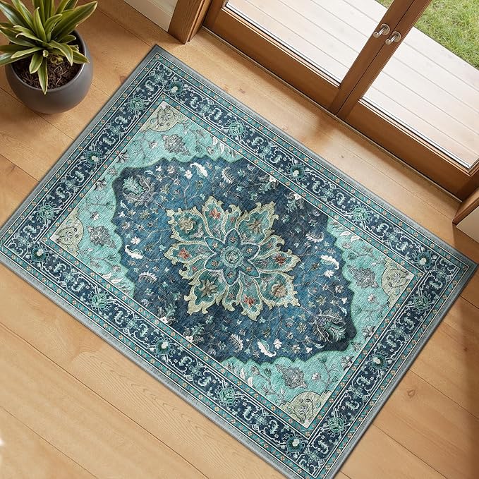 RELEANY Washable Area Rug, Small 2'x3', Teal | Non-Slip, Water Repellent by RELEANY