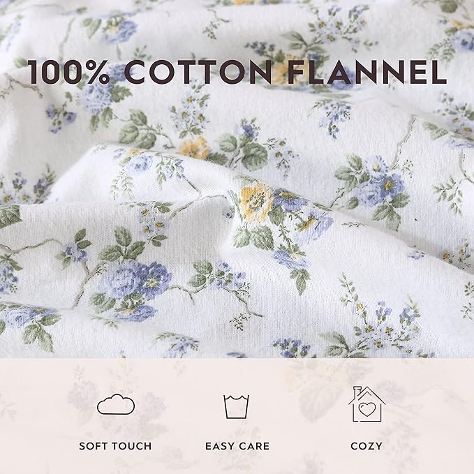 Laura Ashley - Flannel Sheets Full Size, Anti-Pilling & Wrinkle Resistant Cotton, Touchably Soft for All-Season Comfort - Bed Sheets with Matching Pillowcases & Fitted Sheet (Le Fleur Cottage Blue)