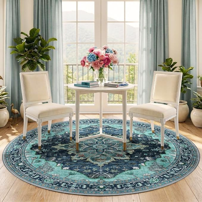 RELEANY Washable Area Rug, Round 5ft, Teal | Non-Slip, Water Repellent - Image 2