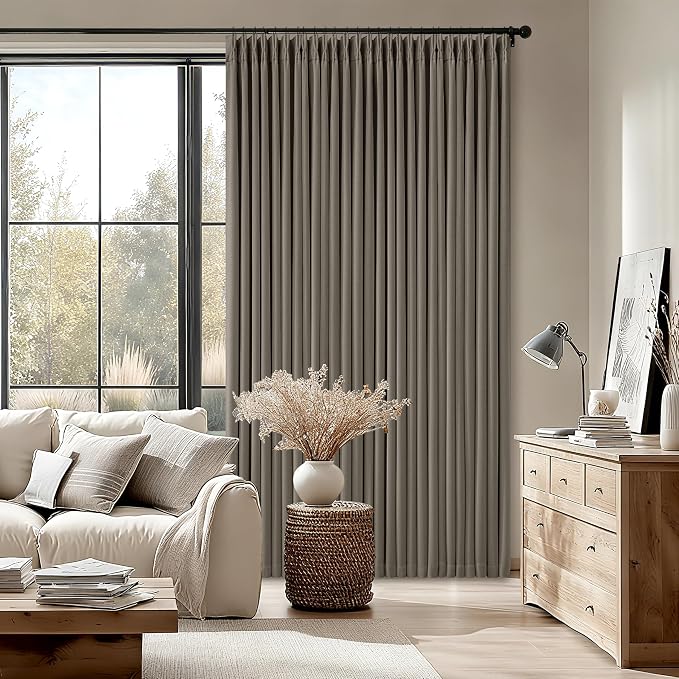Dark Flax 100 Inch Blackout Pinch Pleated Curtains 2 Panel Set, Taupe | Thick by Twodrapes