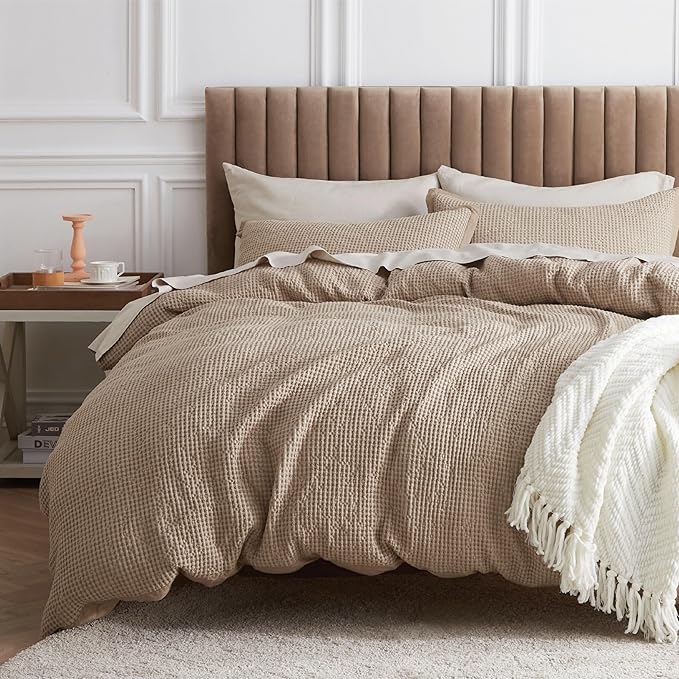 Bedsure Cotton Duvet Cover Set - 100% Cotton Waffle Weave Khaki Duvet Cover California King Size, GentleSoft™ and Breathable Cal King Tan Bedding Set for All Season, 3 Pieces, 104"x98"