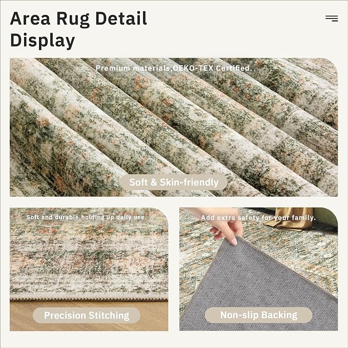 Soalmost 5x7 Area Rug Green/Orange Low Pile Washable Trendy Faded Style Rug | - Image 6