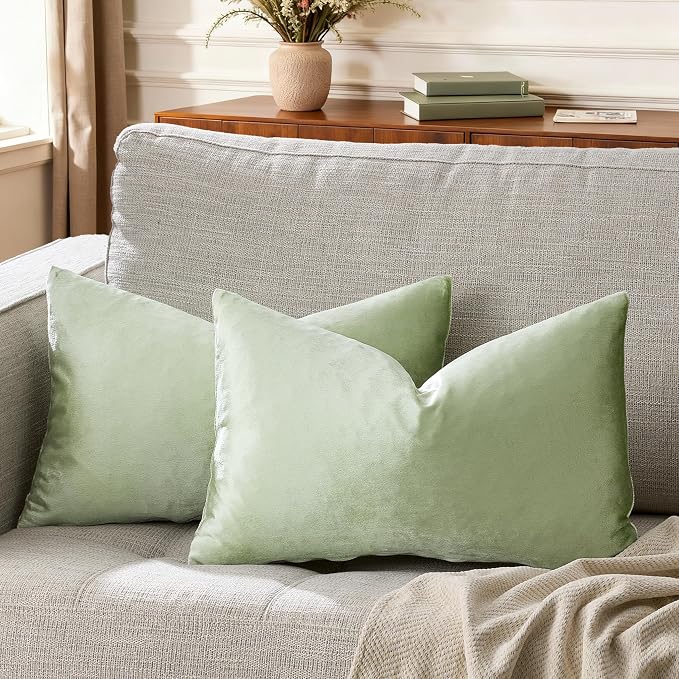 GIGIZAZA Sage Green Velvet Throw Pillow Covers 12x20 Pack of 2 | Decorative - Image 6
