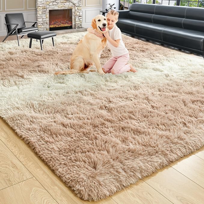 8x10 Extra Large Beige and White Fluffy Area Rug Non-Slip by ModernHomeDecor