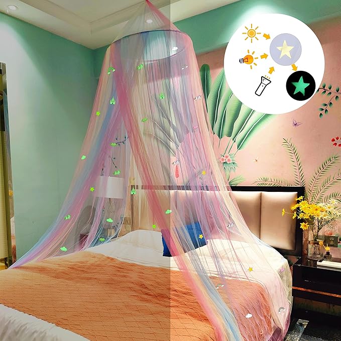 Eimilaly Princess Rainbow Bed Canopy with Unicorn Castle Glow in The Dark, Bed Canopy for Girls Room Decor or Fairy Theme Party