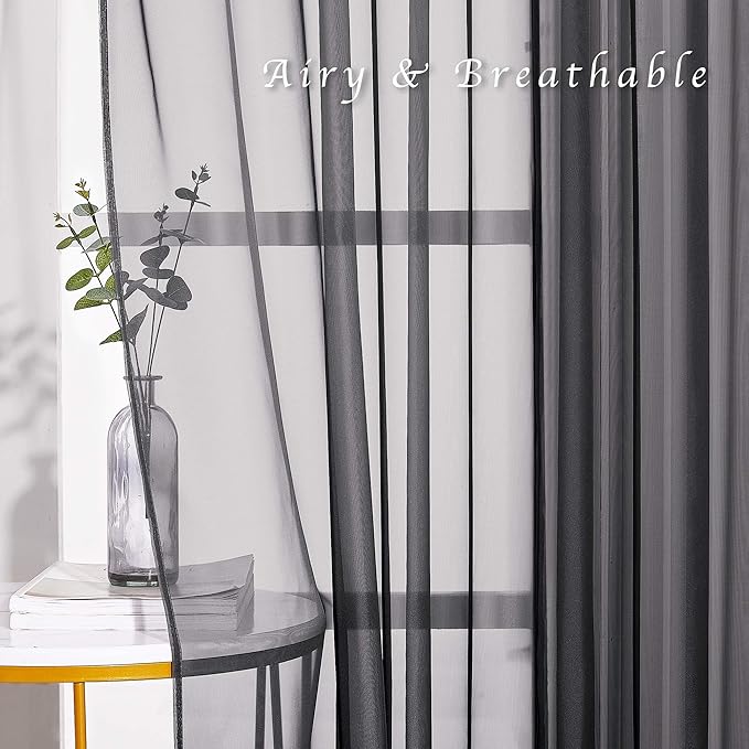 NICETOWN Sheer Curtains for Windows 54 inch Long, Ring Top Soft Voile Sheer Texture Classic Window Treatment with Light Through for Bedroom/Living Room, Black, 54 inch Wide, 2-Pack