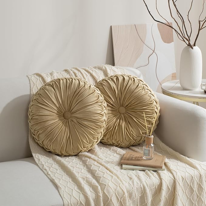HIG Set of 2 Apricot Velvet Decorative Round Pleated Throw Pillows - Image 2