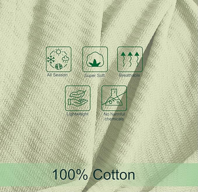 COTTON CRAFT Soft Cotton Thermal Blanket - Plush Herringbone Twill - All Season Luxurious Breathable Skin Friendly Lightweight Cooling Throw Blanket - Sofa Couch Travel Camping Dorm - Full Queen Sage