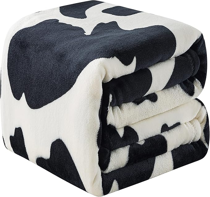 Fleece Cow Print Blanket - Premium Lightweight Anti-Static Bed Cow Throws Soft Cozy Warm Blankets Plush Gift Bedroom Decor 90" x 90"(Black Cow Queen)