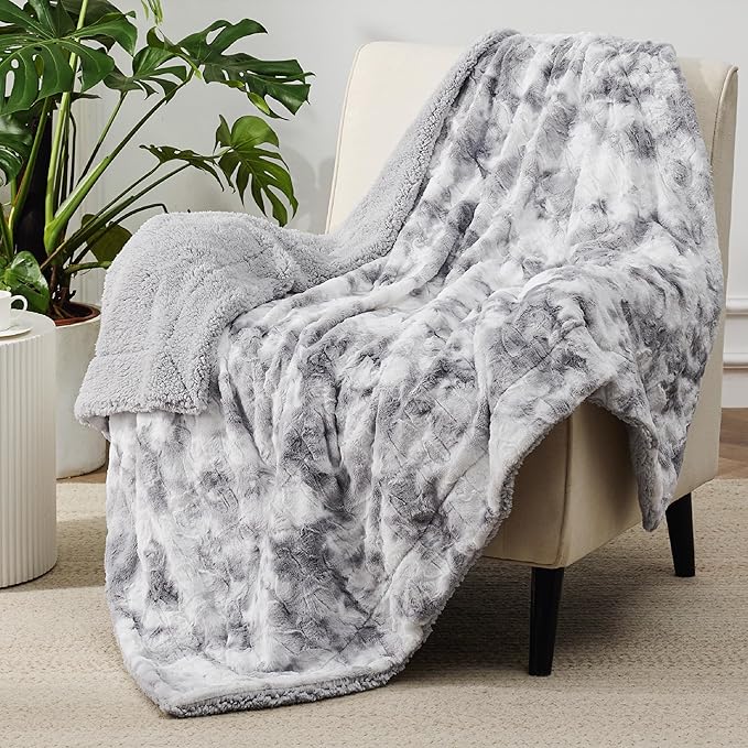 Bedsure GentleSoft Sherpa Fluffy Throw Blanket - Fleece Warm and Cozy Throw for Women Gift, Plush & Fuzzy Faux Fur Christmas Blanket for Couch, Bed Decor, Tie Dye Design, Light Grey, 50x60 Inches