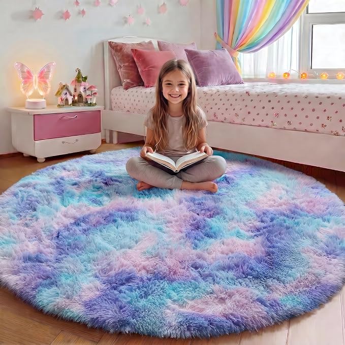 Rainbow Round Area Rug 4ft, Soft Bedroom Circle Throw Rugs by ONASAR