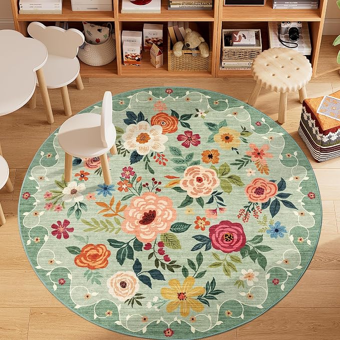 DUKINO 5ft Round Rug, Non Slip Floral Washable Small Circle Rug, Low Pile - Image 3
