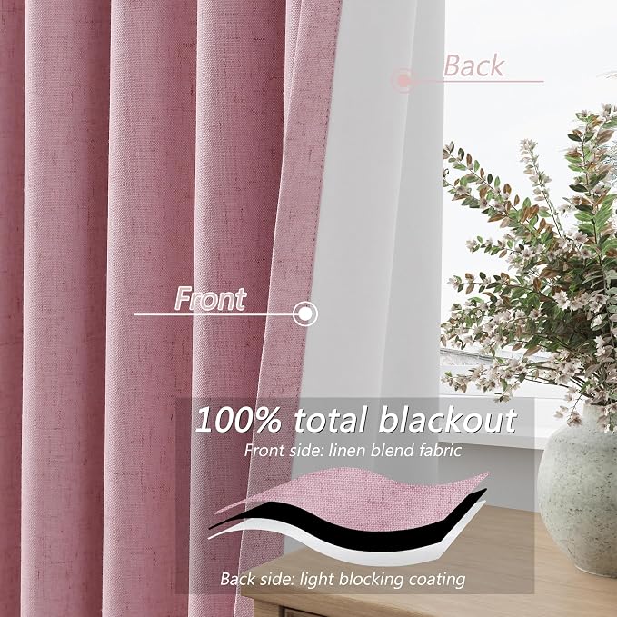 Rose 100% Blackout Linen Curtains 96 Inch Length 2 Panels Set - Image 4