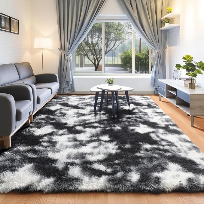 Black and White Rugs for Bedroom Living Room, Fluffy 4x6 Indoor Bedside Floor by ONASAR