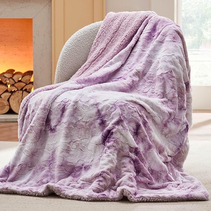 Bedsure GentleSoft Sherpa Fluffy Blanket Twin - Fleece Warm and Cozy Throw for Women Gift, Plush & Fuzzy Faux Fur Christmas Blanket for Couch, Bed Decor, Tie Dye Design, Light Purple, 60x80 Inches