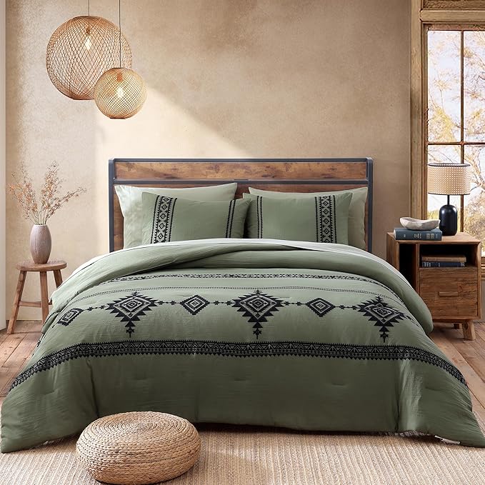 MaiRêve Olive Green Embroidery Comforter Sets Full Size - 7 Piece, Farmhouse Western Boho Comforter Set, All Season Bed in A Bag Full with Sheets, Pillowcases & Shams