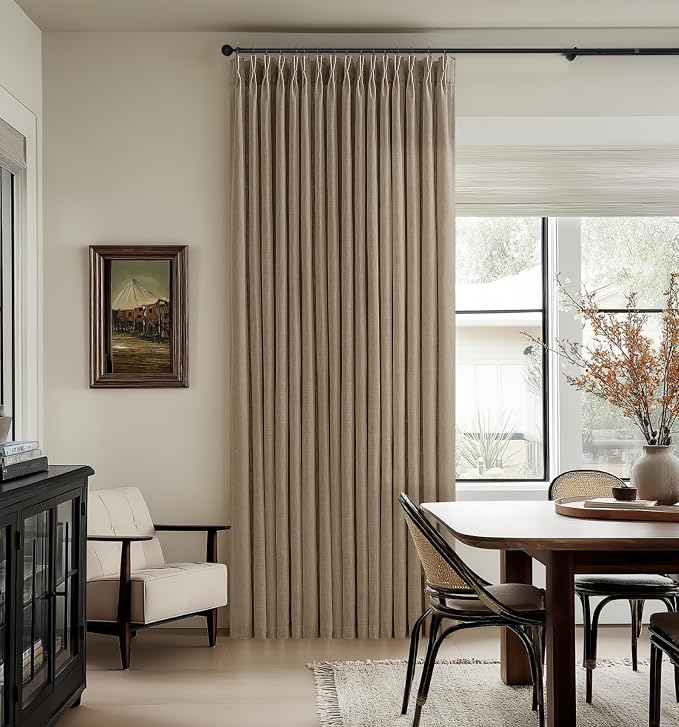 102 Inch Light Brown Thick Linen Pleated Semi Sheer Curtains - Image 8