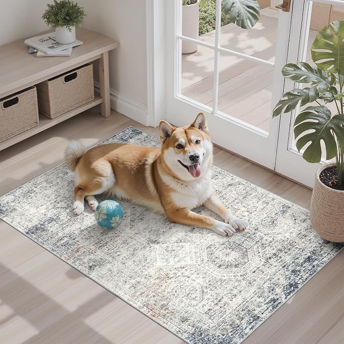 Soalmost 2x3 Washable Rugs for Kitchen, Small Area Rug Blue/Ivory | Non-Slip - Image 2