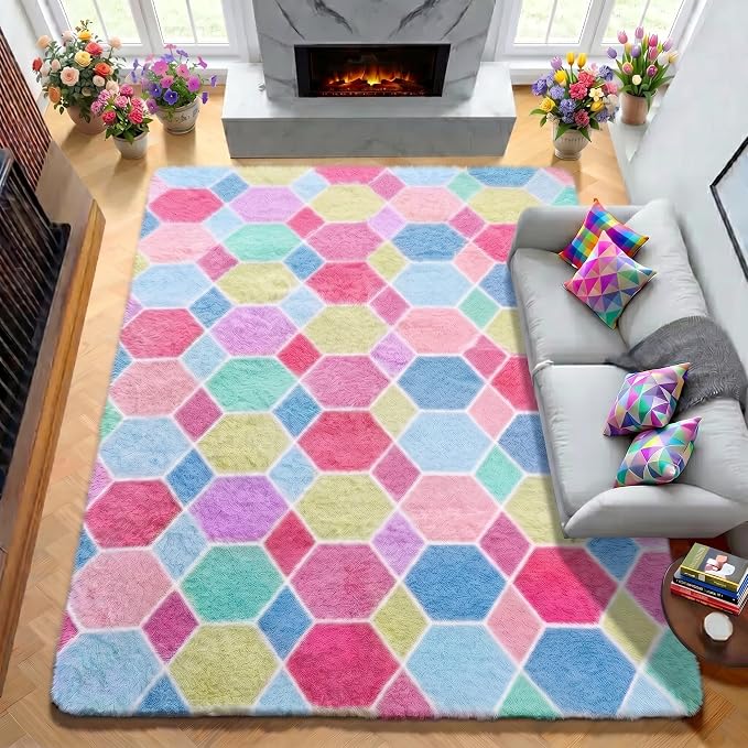 Checkered Pink Rainbow Area Rugs, Fluffy 5x8 Geometric Rug - Image 5