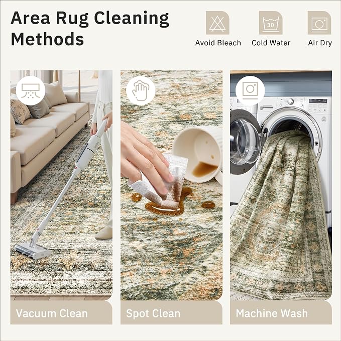 Soalmost 5x7 Area Rug Green/Orange Low Pile Washable Trendy Faded Style Rug | - Image 8