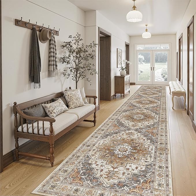 Madane Hallway Runner Rug 2'6''x16' Kitchen Runners Vintage, Turmeric/Grey | - Image 2