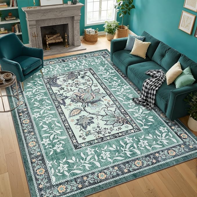 GarveeHome Teal 2x6 Washable Kitchen Runner Rugs Non Slip Provence Botanical - Image 5