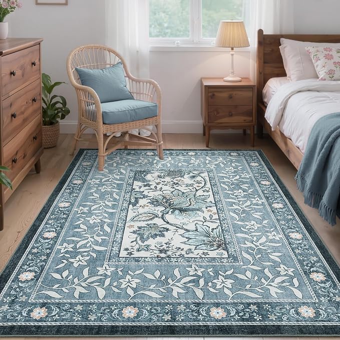 GarveeHome Provence Misty Blue 3x5 Rug Washable Non-Slip Low-Pile Indoor Rugs - Image 3