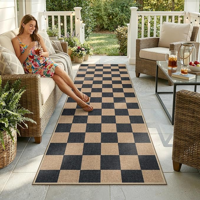 Lahome Checkered Easy Jute Kitchen Runner Rug, 2x8 Outdoor Rugs Washable | Non - Image 2