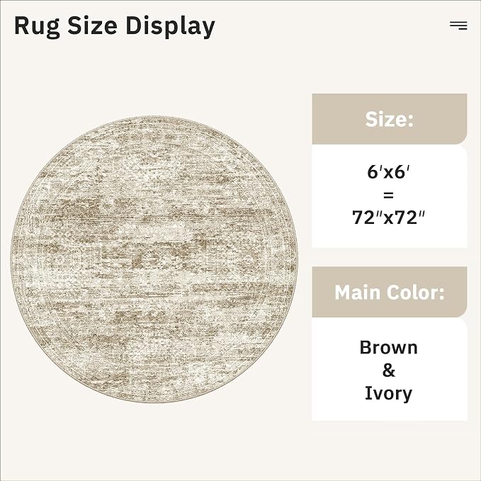 Soalmost 6x6 Brown Round Rug 6ft Circle Living Room Area Rugs Non-Slip | - Image 5