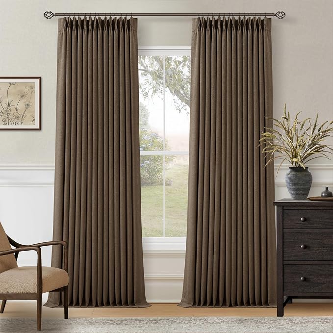 86 Inch Brown Pleated Linen Black Out Memory Trained Curtains by Twodrapes