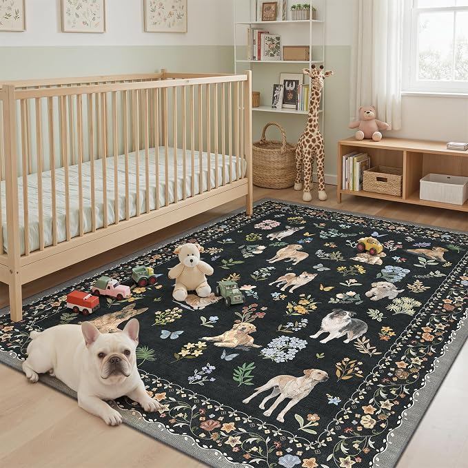 Soalmost Dog 6x9 Area Rugs for Living Room, Washable Animal Soft Rug Black | - Image 2