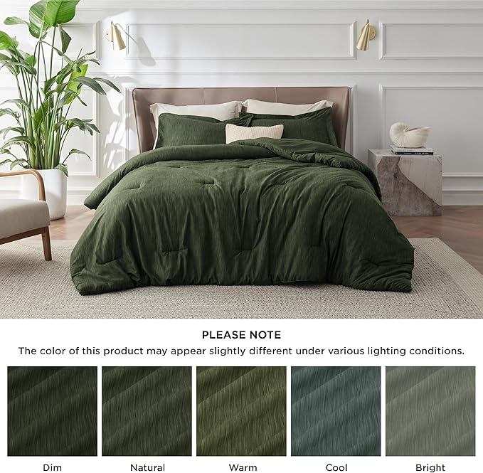 Bedsure Queen Comforter Set - Dark Green Soft Bedding for All Seasons, Cationic Dyed Bed Set, 3 Pieces, 1 Queen Size Comforter (90"x90") and 2 Pillow Shams (20"x26"+2")